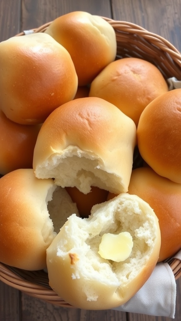 A basket of soft, golden brown homemade bread rolls, some torn open, on a rustic wooden table.